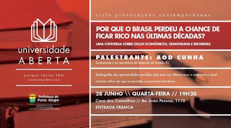 Palestra: Porque o Brasil perdeu a chance de ficar rico nas últimas décadas, com o palestrante Aod Cunha.