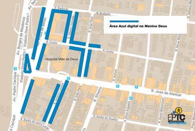 Mapa do novo sistema de estacionamento rotativo da cidade, a Área Azul digital, no Menino Deus